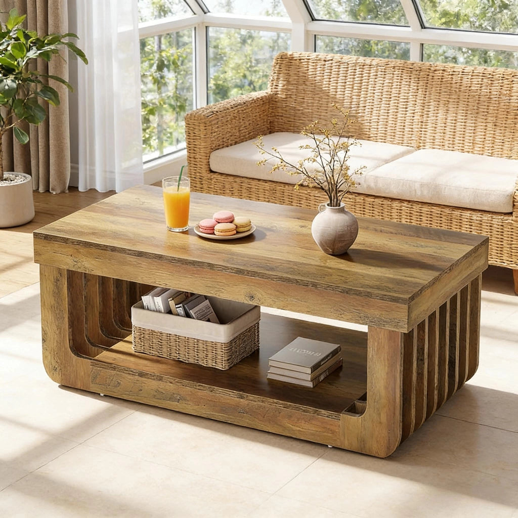 Tavolino basso con ripiano inferiore e vani aperti, stile rustico, per soggiorno, in MDF marrone, 120 × 60 × 45 cm