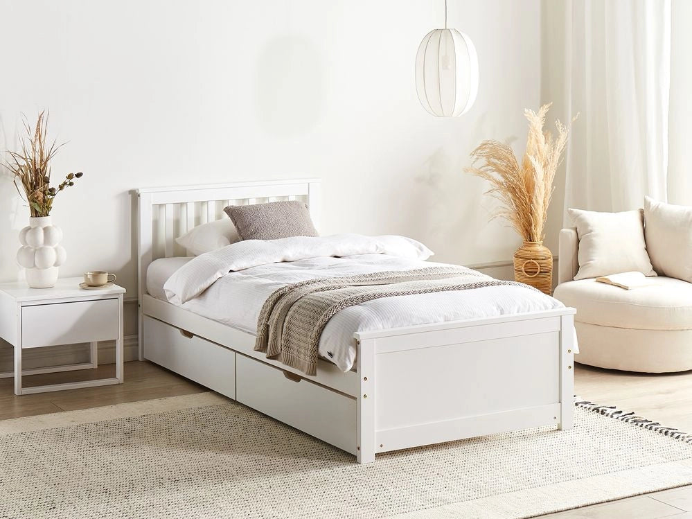 Letto singolo Legno di Pino Bianco con Rete a Doghe Minimalista 90 x 200 cm Testiera a doghe minimalista con 4 cassetti