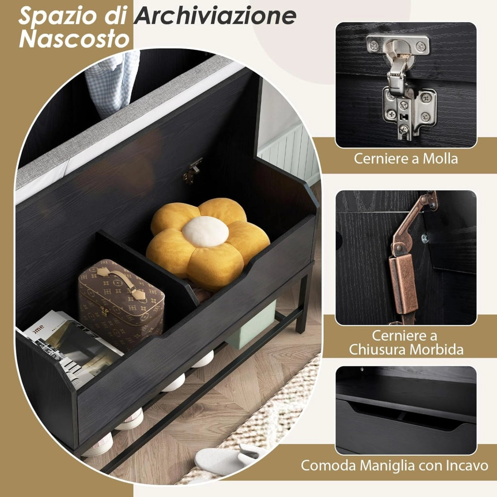 4 in 1 Appendiabiti da Ingresso, Armadio con Appendiabiti Multifunzionale, con Panca Cuscino e Ganci, Panchina per Ingresso, 90 x 38,5 x 170 cm (Nero)
