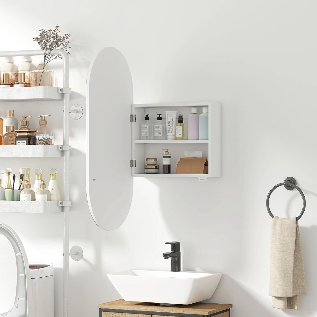 Specchio Bagno Ovale Moderno con Armadietto e Due Ripiani, 45x90 cm, Bianco