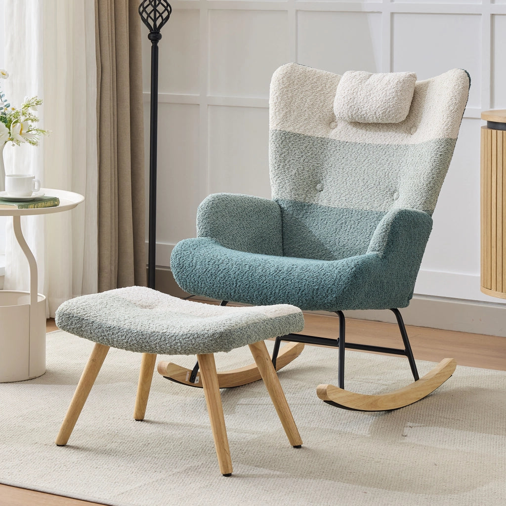 Poltrona a dondolo in bouclé con schienale alto, tasca laterale e struttura in metallo e legno multicolore 83 × 65,5 × 95 cm