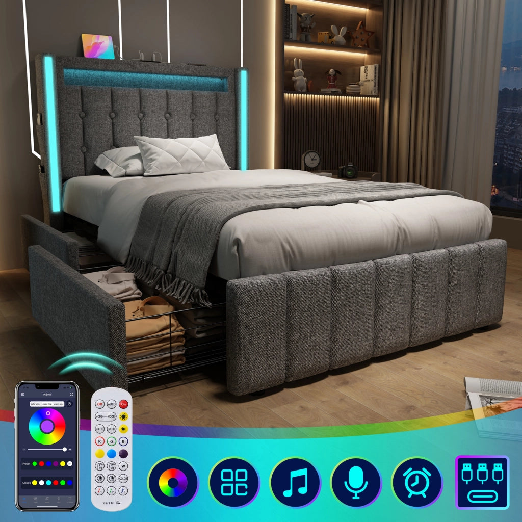 LETTO Singolo 90x200 cm in Lino Grigio con USB Type-C, LED e 2 Cassetti