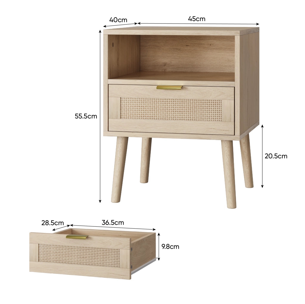 Comodino 45x40x55 cm con cassetto e ripiano aperto in rattan; legno; naturale
