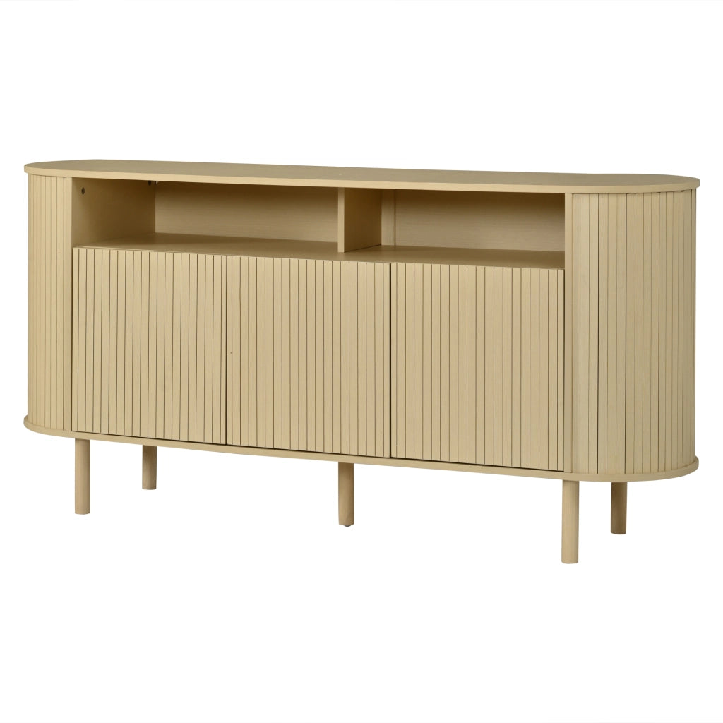 Credenza Sideboard 160 cm con 3 ante a onde, 2 vani aperti, struttura in truciolare e gambe in legno massello