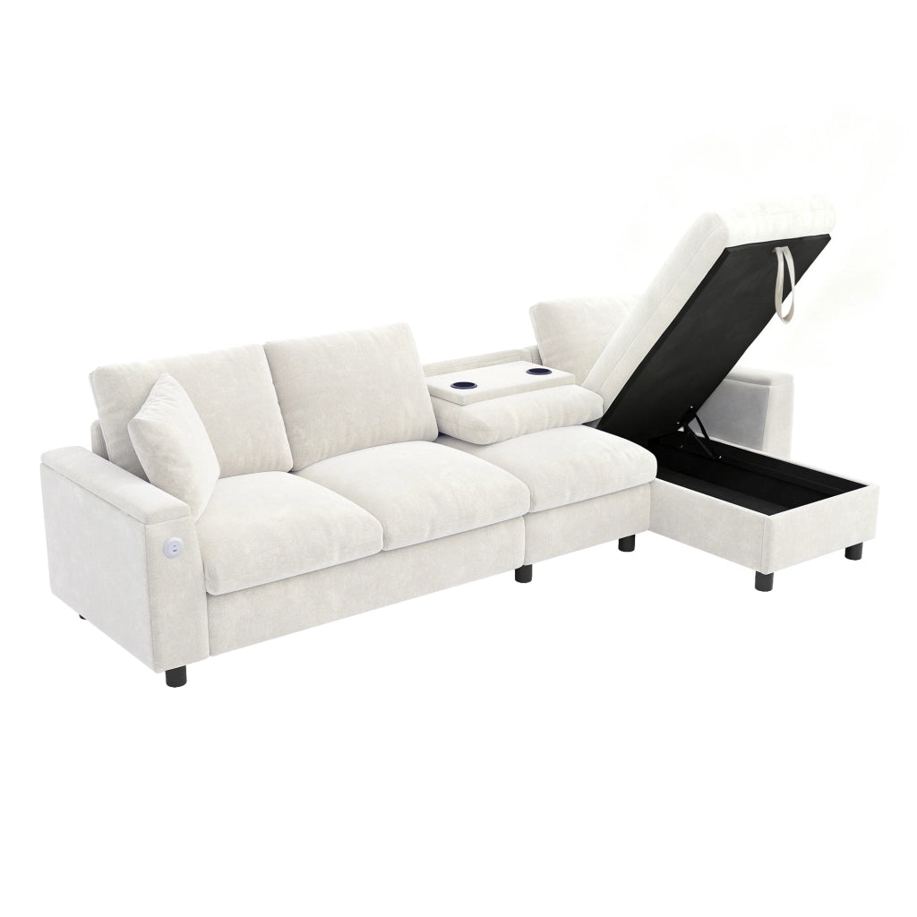 Divano letto angolare con contenitore e tavolino ribaltabile in ciniglia beige