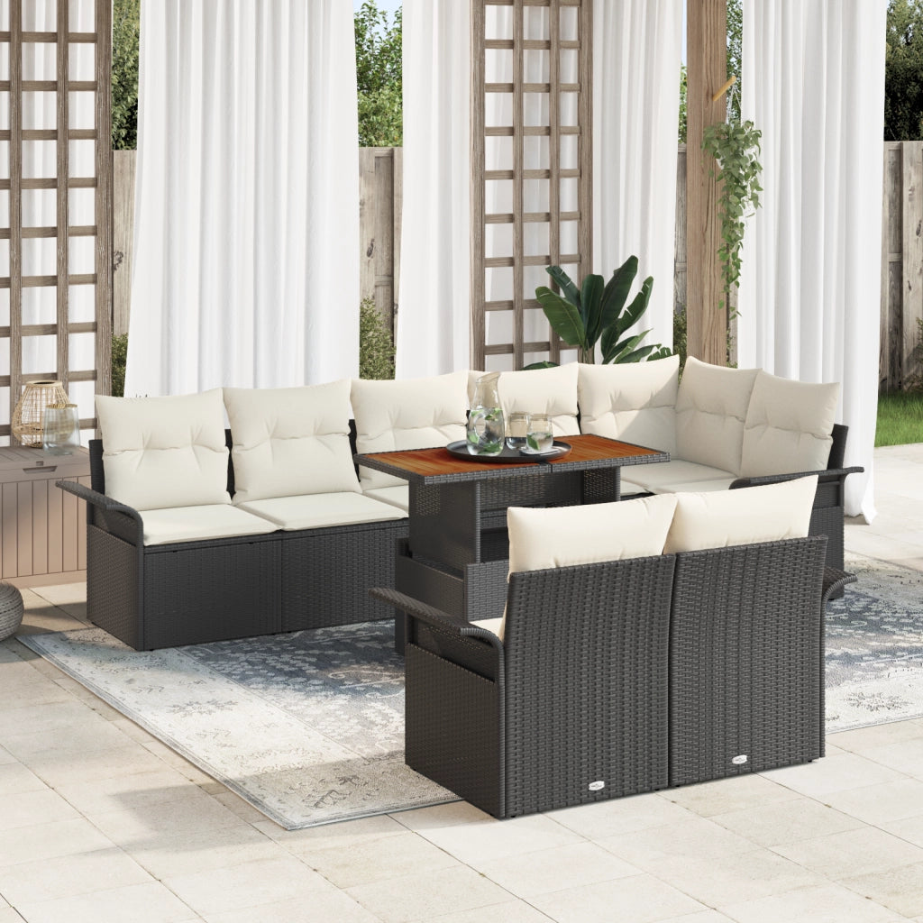 Set da pranzo da giardino 9 pezzi con cuscini neri in polyrattan e acacia