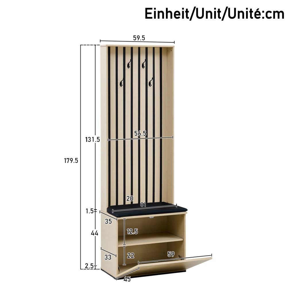 Mobili da ingresso con specchio, panca e 4 ganci, con scarpiera e asta estraibile, in MDF, stile moderno, legno