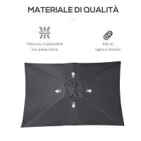 Ombrellone da Giardino 2x3m in Legno e Bambù con 8 Stecche e Copertura in Poliestere, Grigio Scuro
