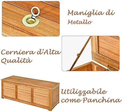 Cassapanca Baule Legno da Giardino, Cassapanca Contenitore con Coperchio, Multibox Utilizzabile all’Interno e all‘Esterno, Portata di 160 kg, 120x45x45 cm