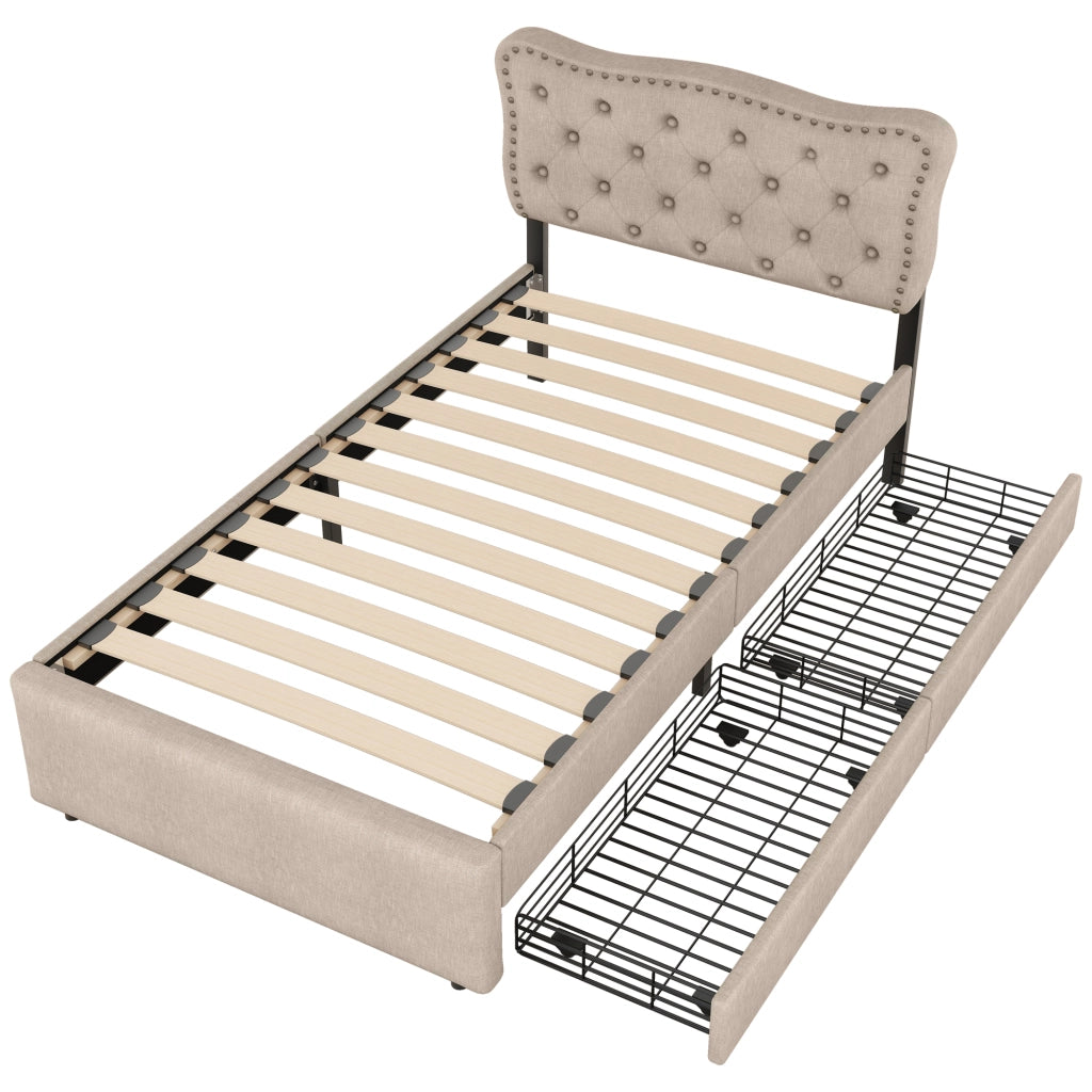 Letto con cassetti singolo; 2 cassetti e testiera regolabile 90 × 200 cm; senza materasso; beige marrone