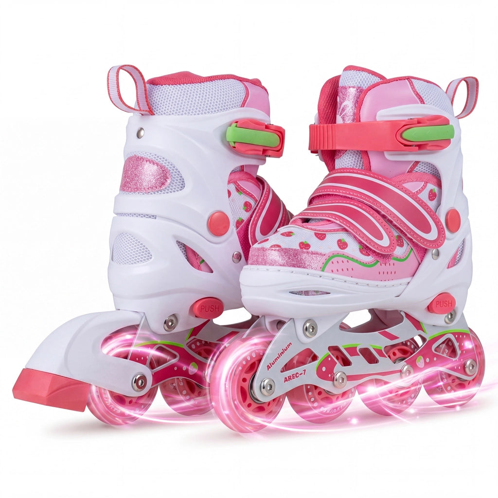 Pattini in linea per bambina con 8 ruote illuminate e protezione di sicurezza a triplo strato, Pattini regolabili chiusura a strappo Rosa S