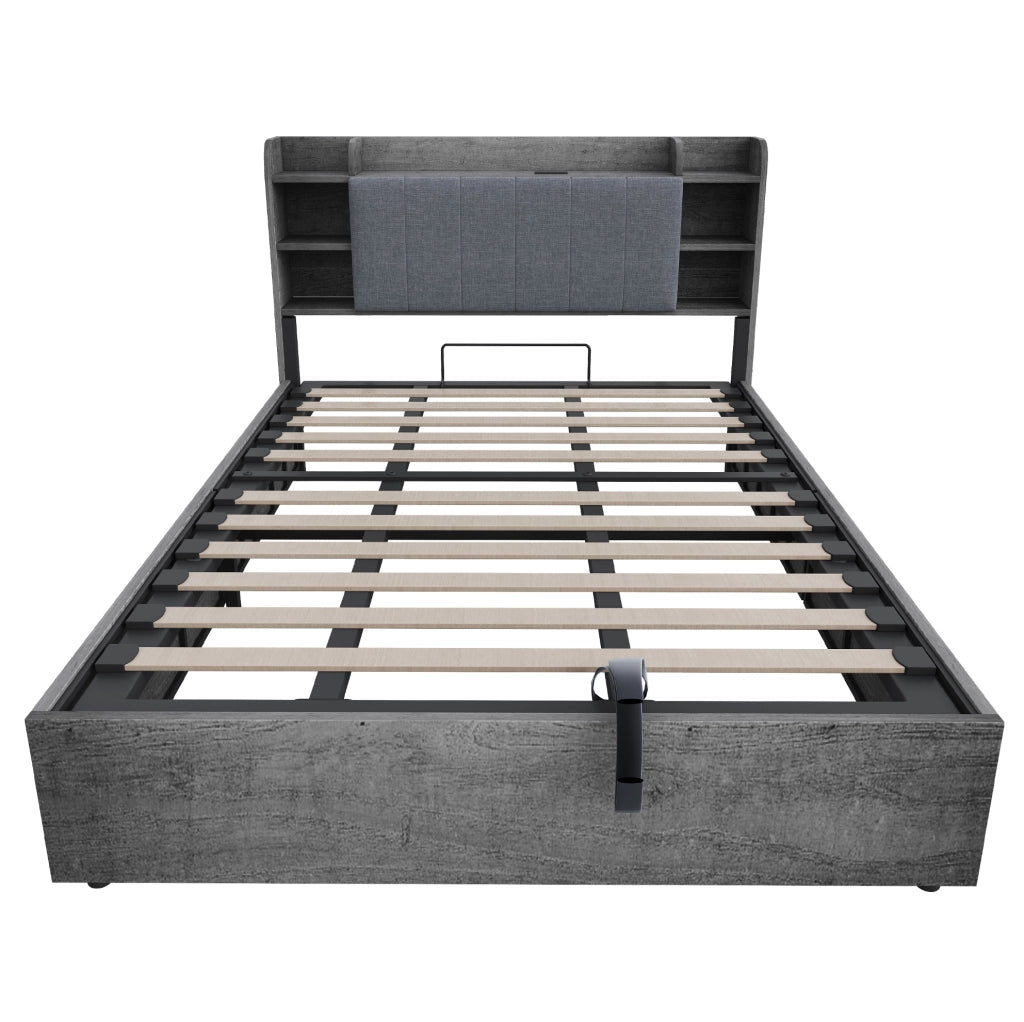 Letto multifunzione 180x200 cm con contenitore idraulico; testiera con vani e presa USB Type-C; grigio
