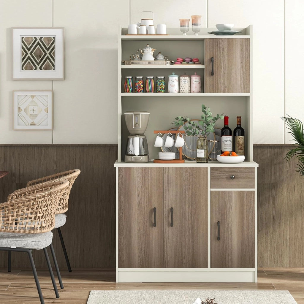 COSTWAY Armadio da Cucina Alto 180 CM, Credenza Alta da Cucina con Armadietti e Cassetto, Stazione di Ricarica Integrata, Ripiani Regolabili, 100 x 40 x 180 cm (Bianco)
