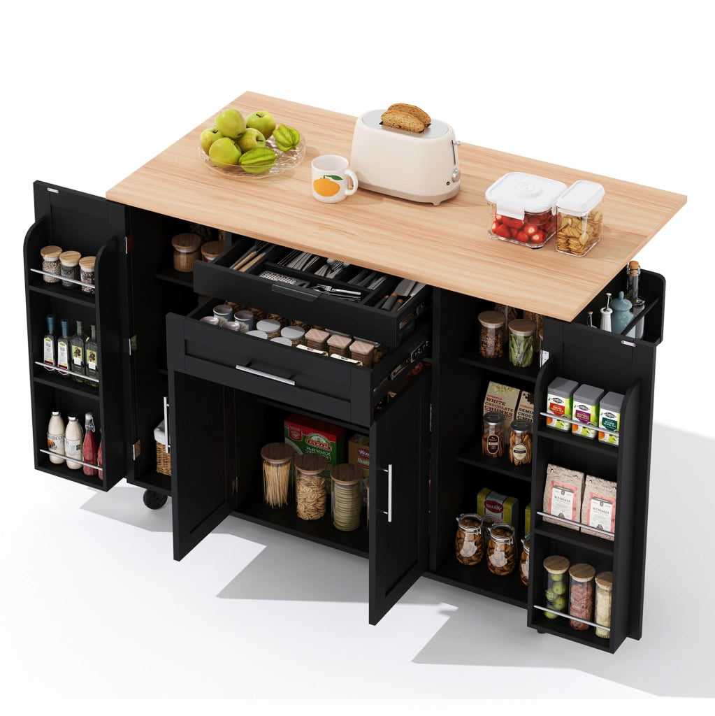 Isola da cucina mobile 136x70x92 cm con piano estraibile; cassetto nascosto; MDF nero e naturale