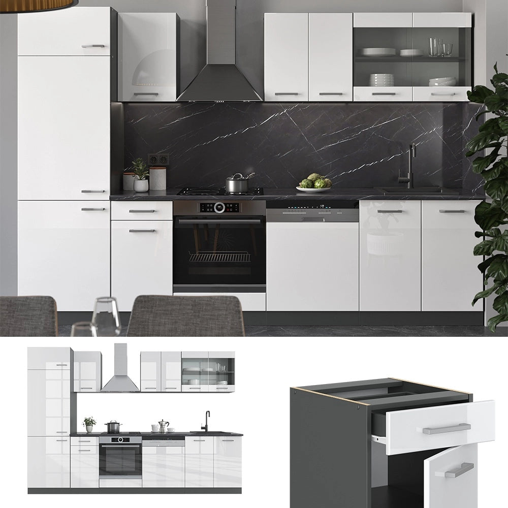 Cucina componibile R-Line Bianco lucido/Antracite 300 cm, PL Marmo Vicco