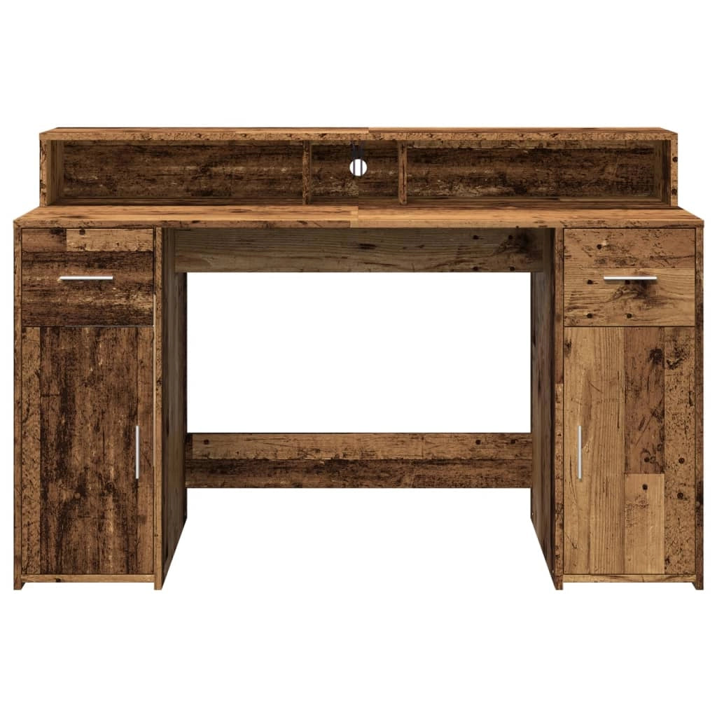 Scrivania tavolo postazione di lavoro mobile per computer studio con luci a LED legno vecchio legno ingegnerizzato marrone 02_0023435