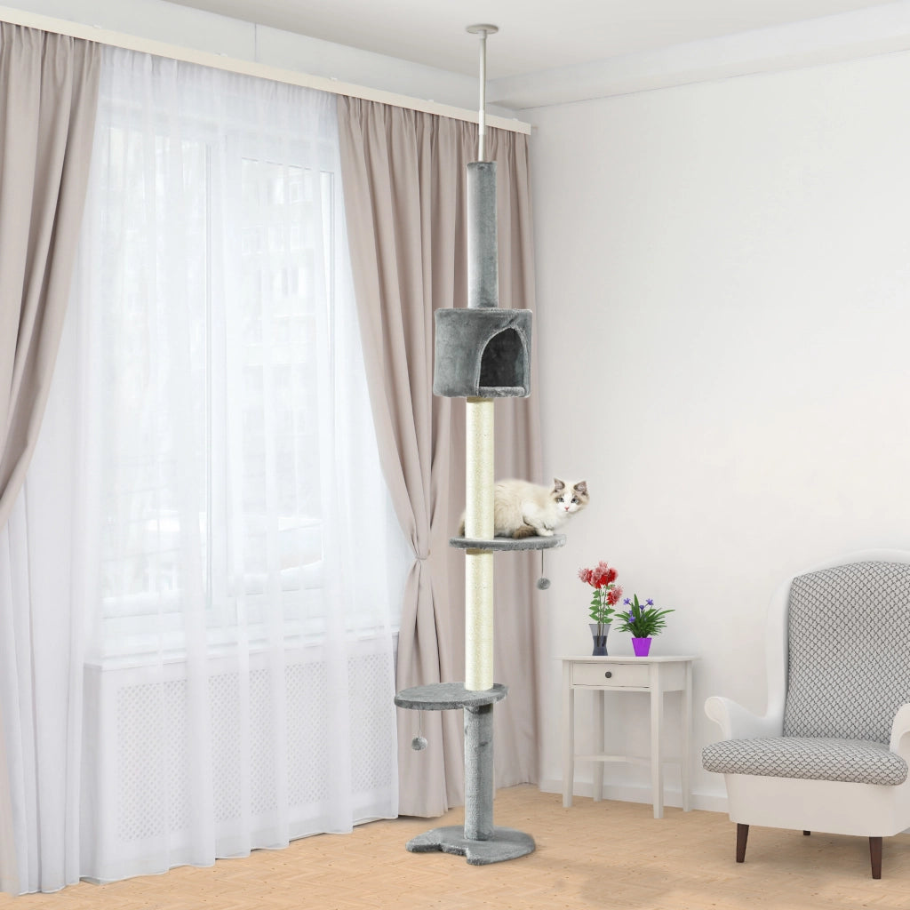 Albero tiragraffi per gatti con piattaforme, grotta e pali in sisal ¨C Zephmum ¨C Grigio chiaro, 255 cm