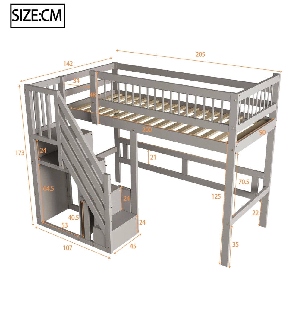 Letto a soppalco 90x200 cm con scala portaoggetti in legno grigio