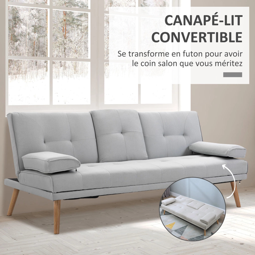 Divano letto 3 posti imbottito con schienale regolabile e portaoggetti ¨C zephmum ¨C tessuto grigio chiaro 200x90x80 cm