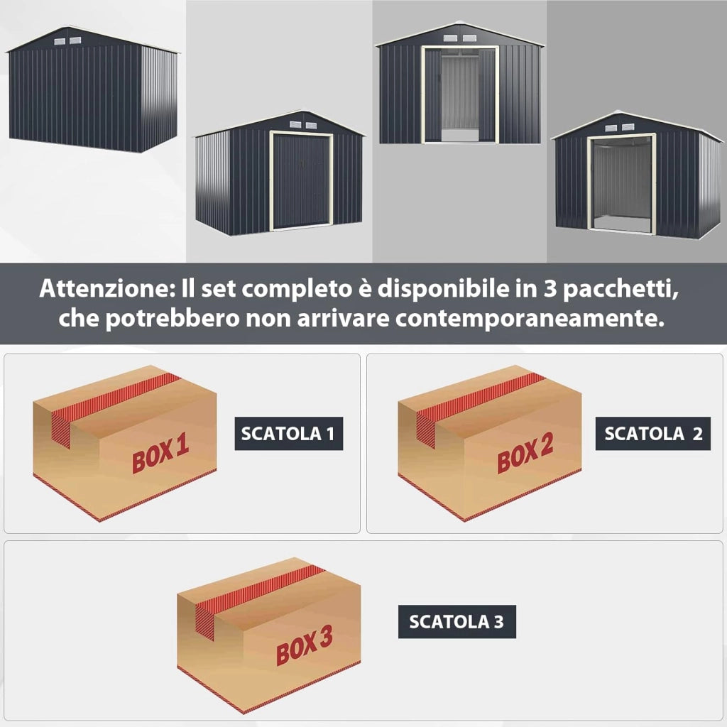 Casetta da Giardino Porta Attrezzi in Lamiera Acciaio Zincato 4,83 M2, Capanno da Esterno con Tettoia, Sfilati e Ante Scorrevoli (267 x 181 x 202 cm)