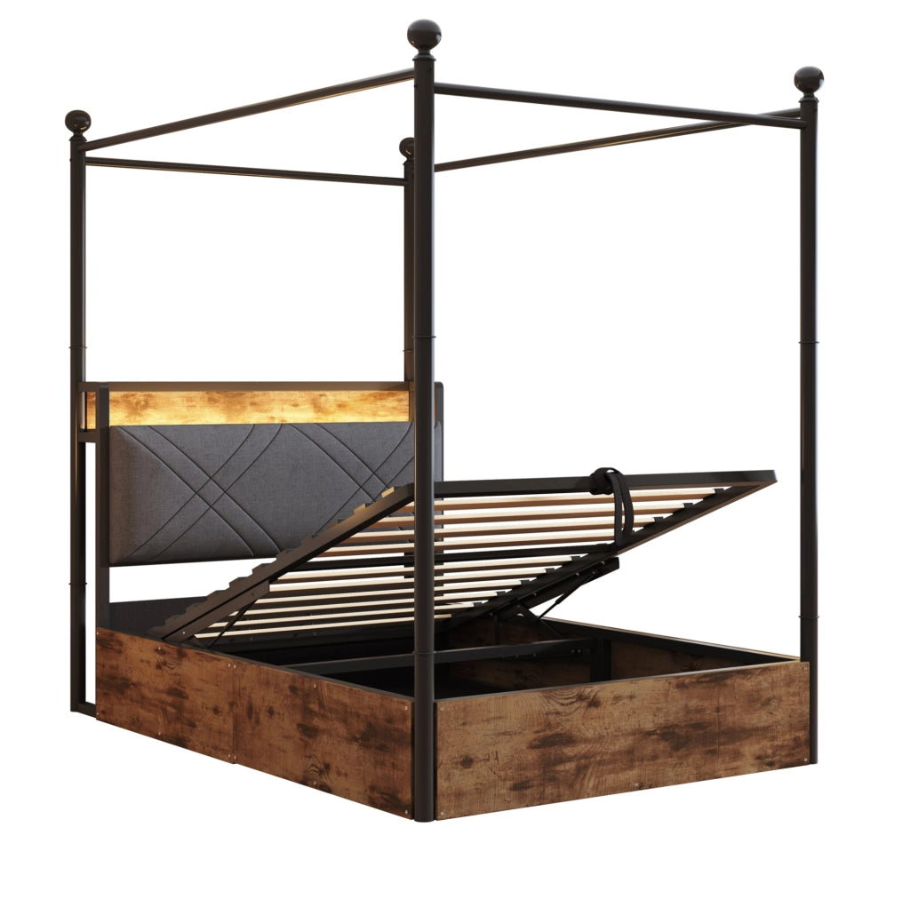Letto singolo 90x190 cm con baldacchino removibile; contenitore idraulico; LED; USB; nero