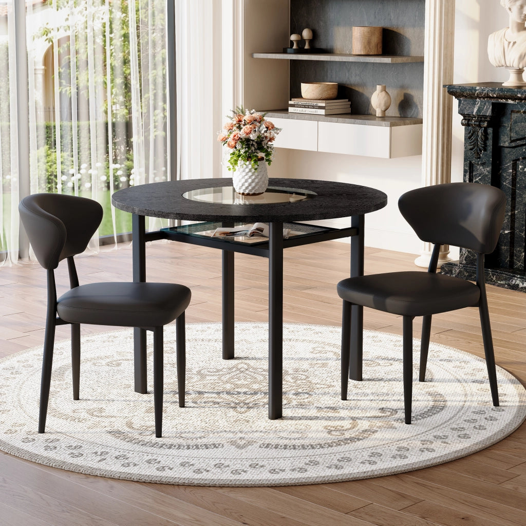 Tavolo da pranzo rotondo con piano in MDF e inserto in vetro, ripiano in vetro, per soggiorno e cucina, nero, 100 cm