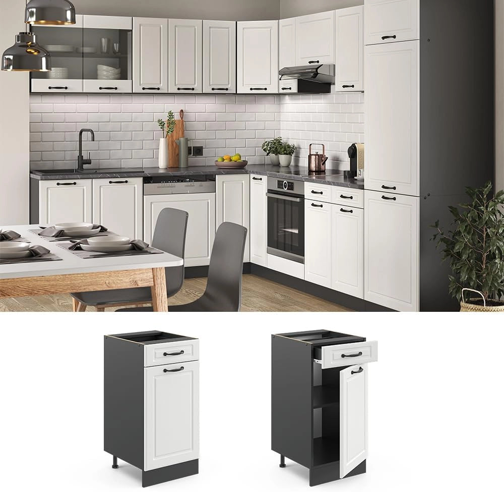 Mobiletto base per cucina R-Line, Bianco casa di campagna, 40 cm senza piano di lavoro, per la libera combinazione all'interno di sistemi cucina modulari