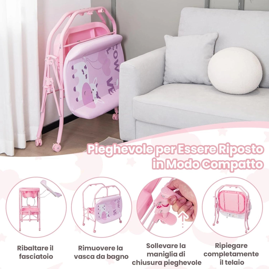 Fasciatoio con Vaschetta per Bambini, Vasca da Bagno per Neonati, Fasciatoio Pieghevole con Materassino, Cestino Portaoggetti, Ruote con Freno, Portata 35kg+15kg (Rosa)