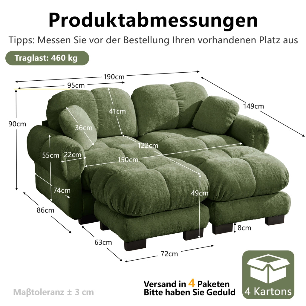 Divano modulare 2 posti con pouf mobile e cuscino, seduta trapuntata, Chenille, Verde, 190 × 149 × 90 cm