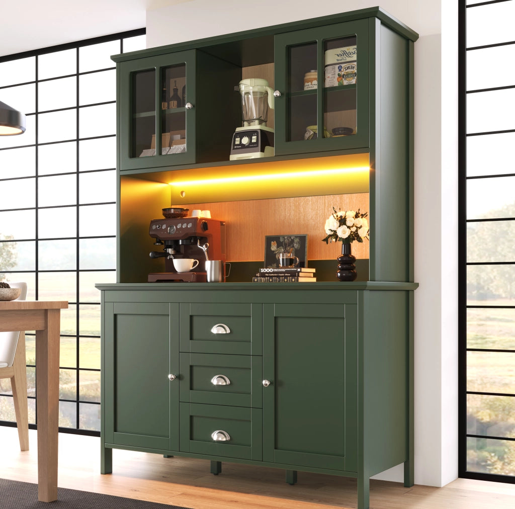 Credenza da cucina verde con LED e vetro, 120x40x179 cm