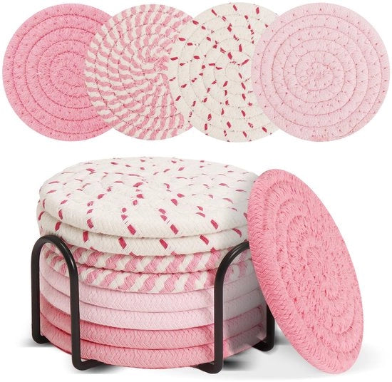 8 sottopiani rosa con supporto, sottopiani per tazze per cucina, ufficio e decorazione bar, sottopiani femminili, set di sottopiani di tessuto assorbente, regali di benvenuto per casa per donne e madri