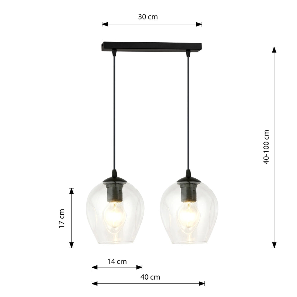 Lampadario 2 Luci Fuxi In Acciaio Nero E Vetro Trasparente