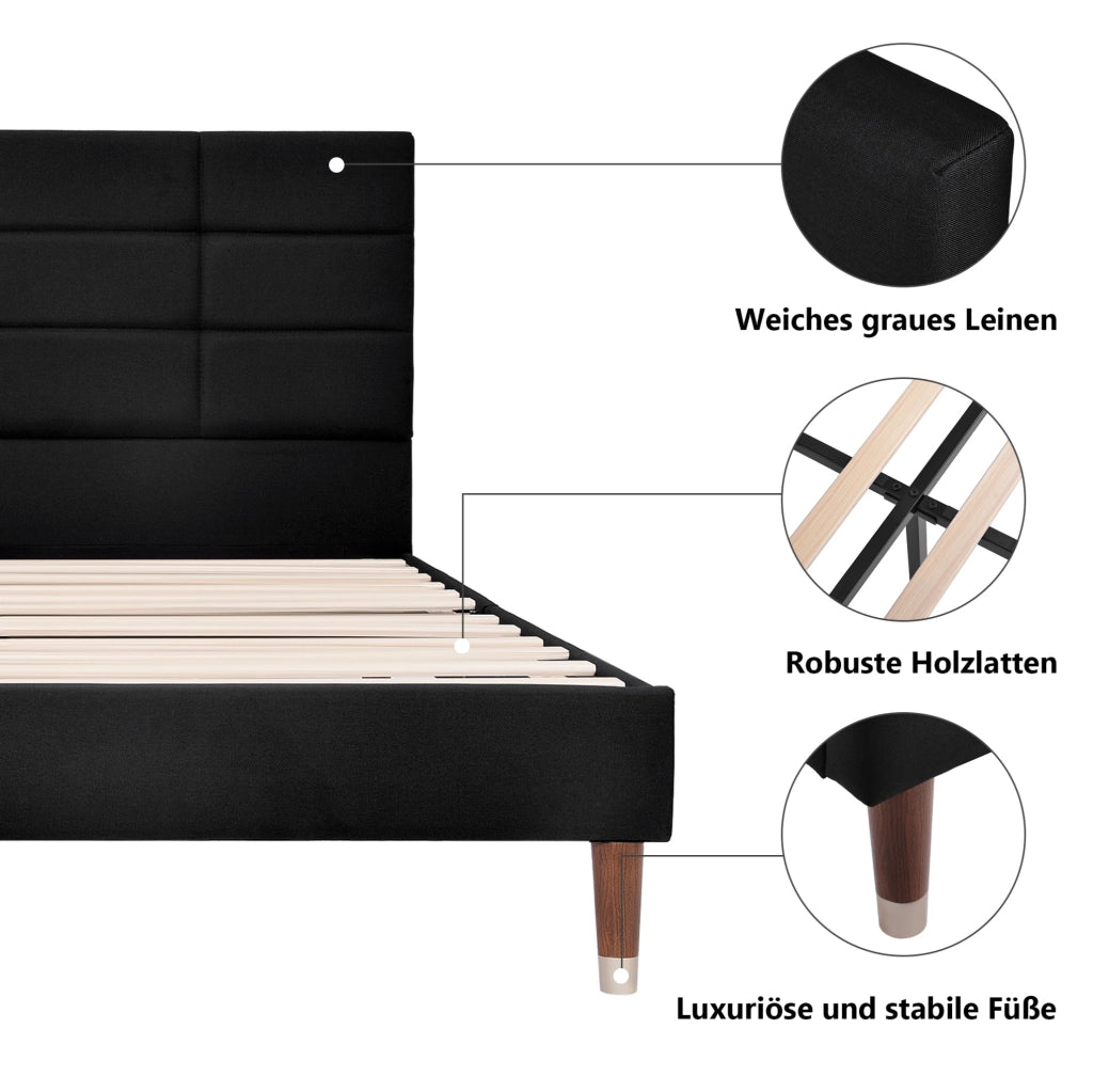 Letto matrimoniale imbottito 140x200 cm in lino nero con rete a doghe e testiera