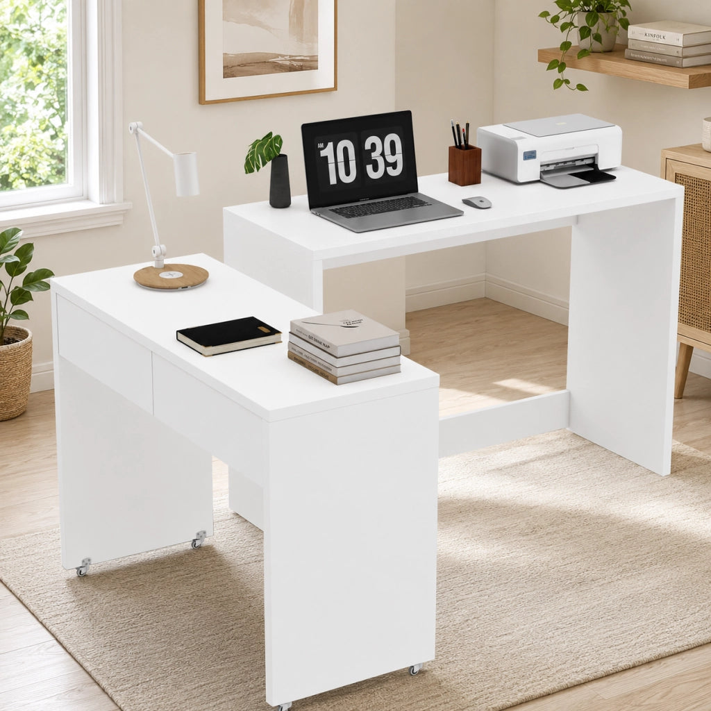 Scrivania pieghevole 110x40x78 cm 2-in-1 con ruote; truciolato bianco