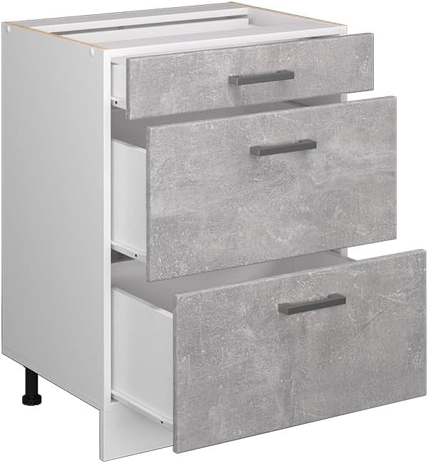 Mobiletto base per cucina R-Line, Calcestruzzo, 60 cm con cassetti, senza piano di lavoro, per la libera combinazione all'interno di sistemi cucina modulari