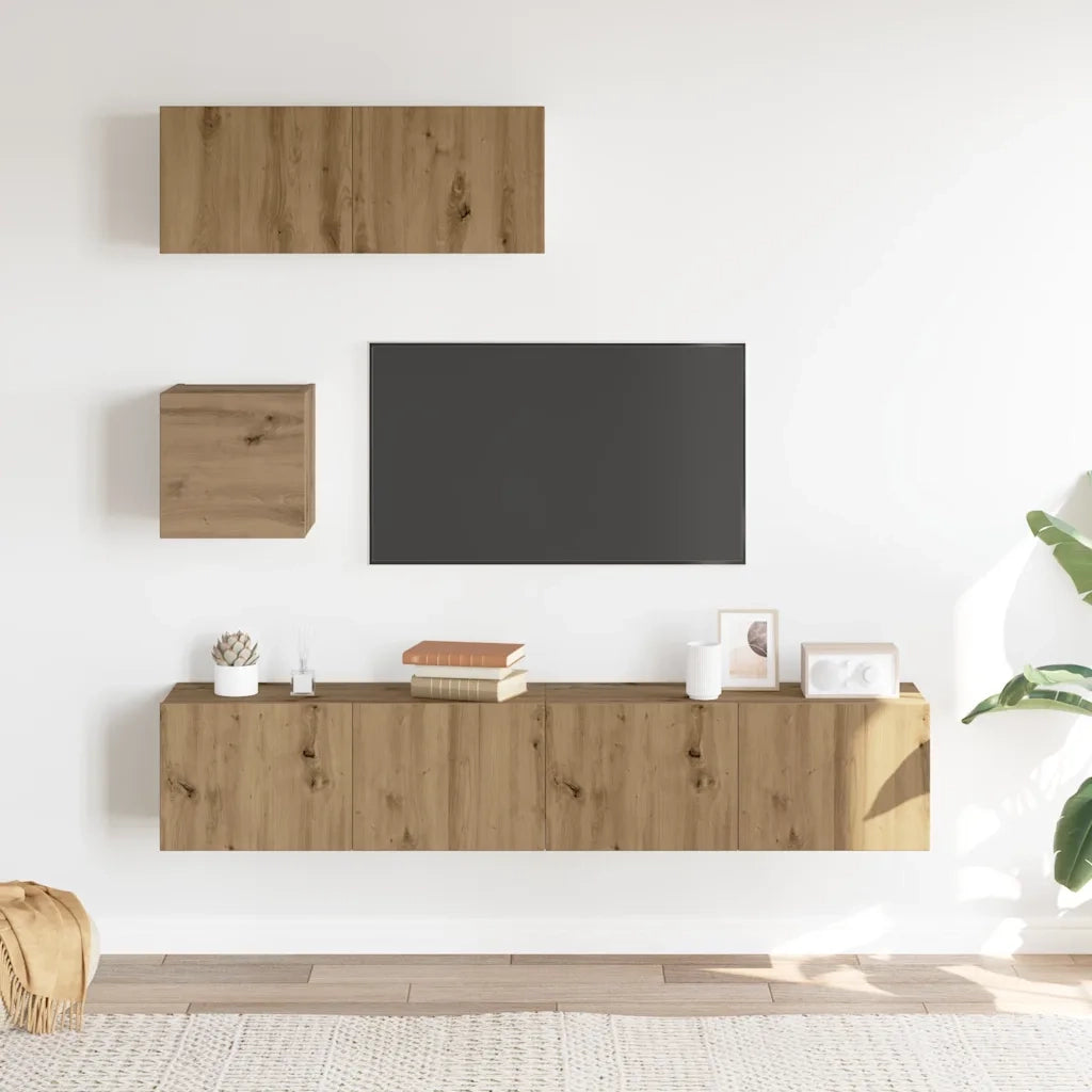 Set Mobile TV 4 pz Montato a Parete Rovere in Legno Multistrato 3329156