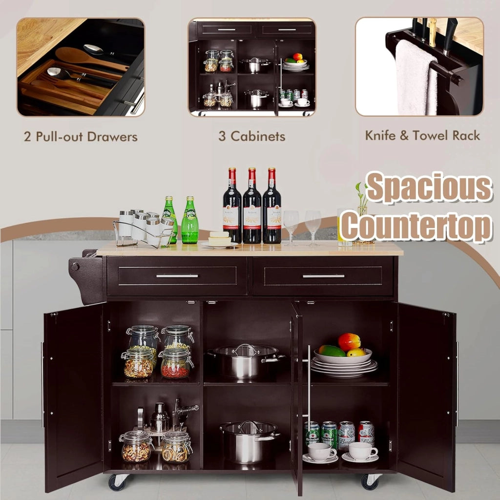 Carrello Portaoggetti con Ruote con 2 Freni, Isola Cucina in Rovere Massiccio, Mobiletto da Pranzo con Portaspezie e Portasciugamani, per Soggiorno, 111,5 x 46 x 93 cm, In 2 Pacchi (Marrone)