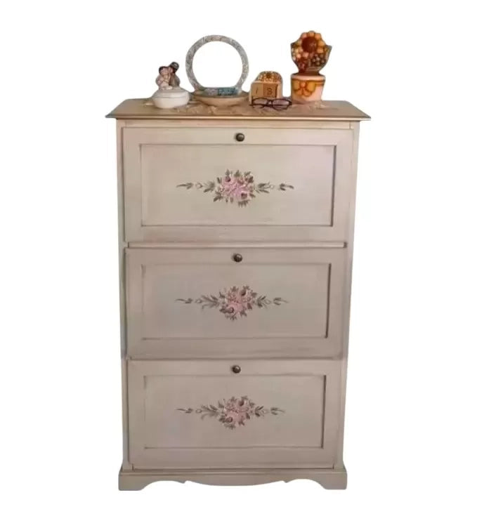 Scarpiera 3 ante ribalta legno shabby avorio anticato filo oro 79x30x130 - Mobili 2G