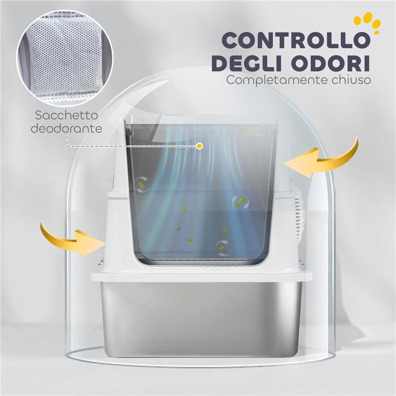 LETTIERA PER GATTI GRANDI IN ACCIAIO INOX CON COPERCHIO RIBALTABILE, PALETTA E DEODORANTE, GRIGIO CHIARO
