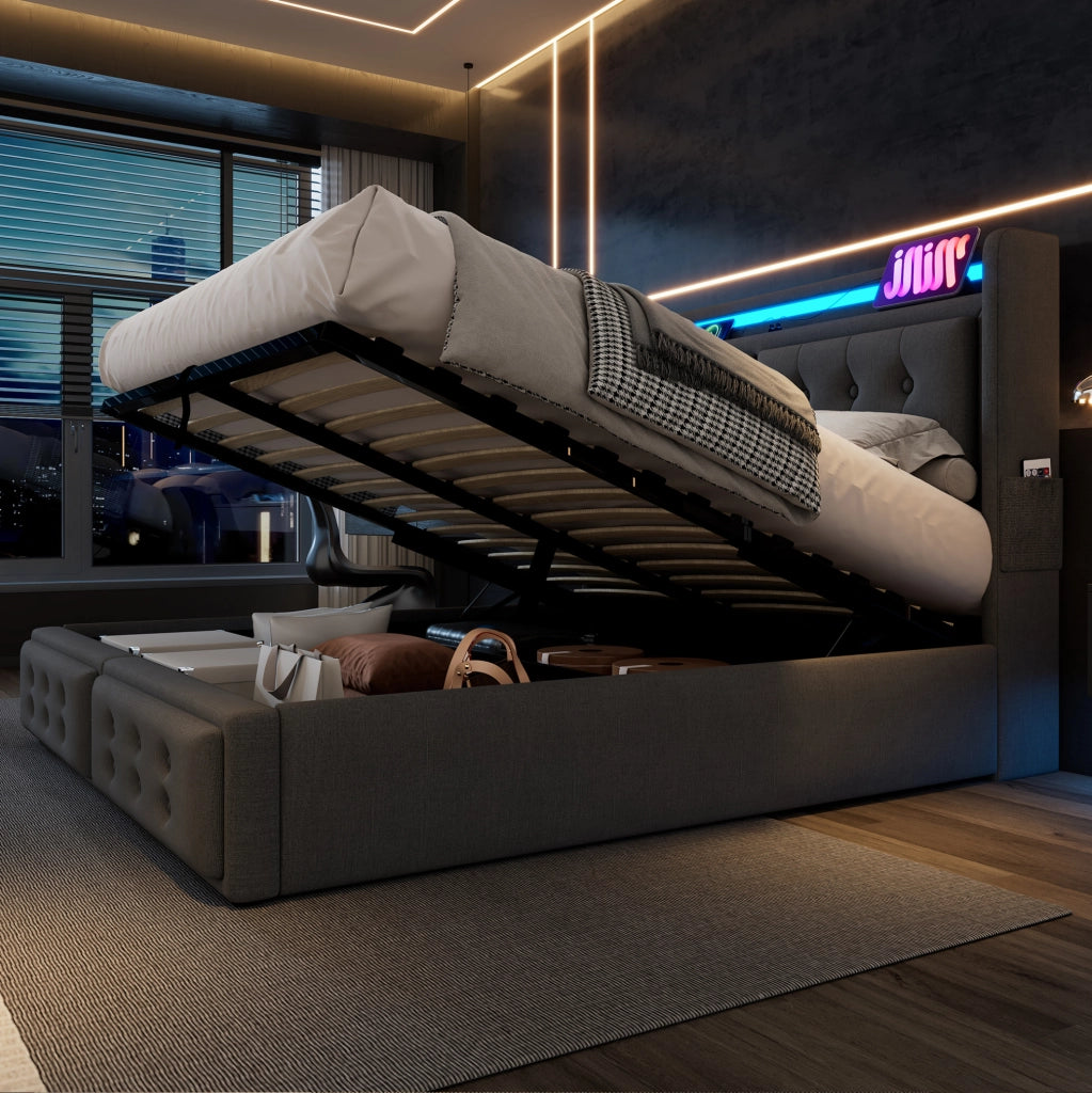 Letto matrimoniale 180x200 cm con contenitore; testiera con LED; prese e USB; grigio