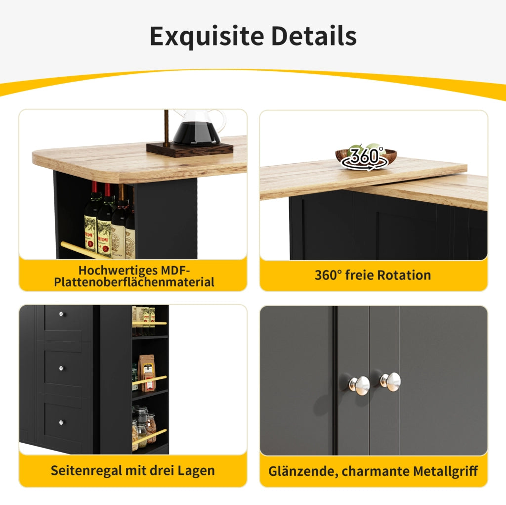 Tavolo bar girevole 360° in MDF nero con 3 cassetti