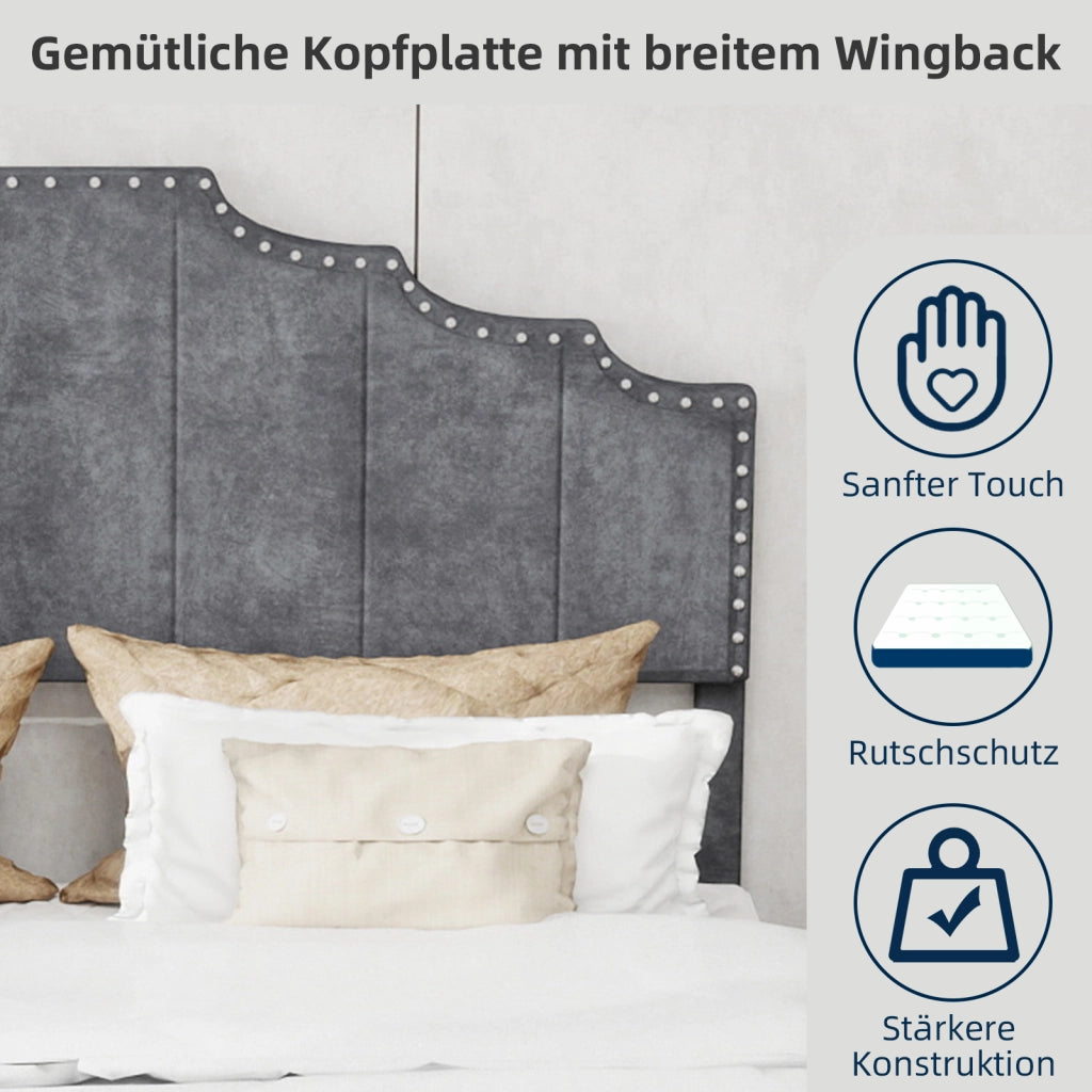 Letto 160x200 cm con Testiera Geometrica; Struttura in Tessuto e Metallo; Grigio