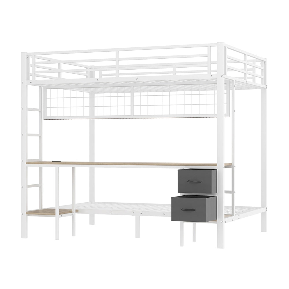 Letto mezzanino 90+140x200cm - Xylo - bianco, USB, LED, scrivania