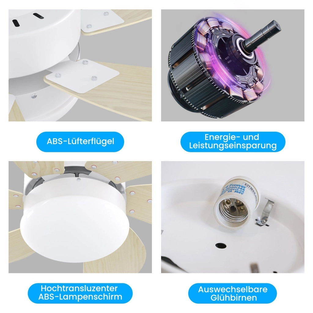 ZMH Ventilatore a Soffitto con Luce e Telecomando 6 Pale 75 cm Silenzioso per Camera da Letto e Cucina Senza Lampadina