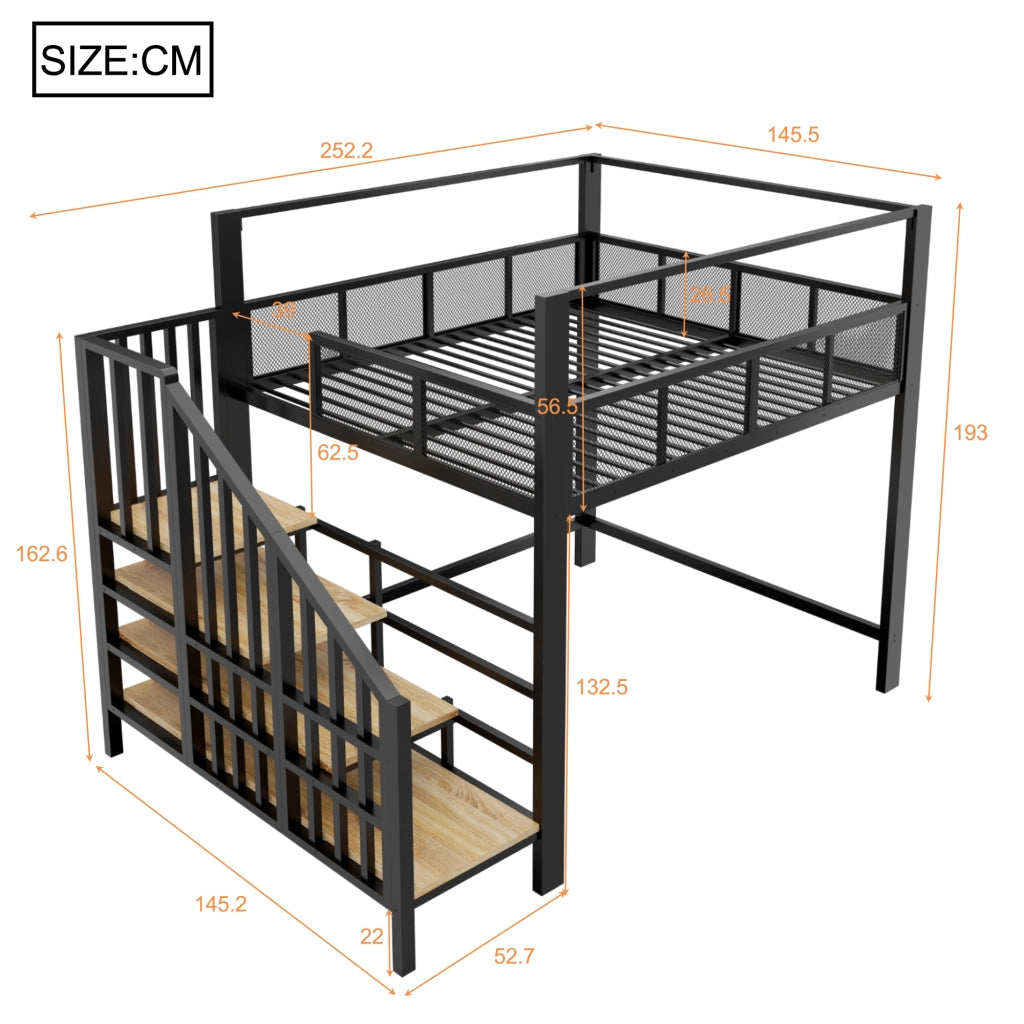 Letto a soppalco alto in metallo 140x200 cm con scala contenitore, baldacchino e rete di sicurezza, nero