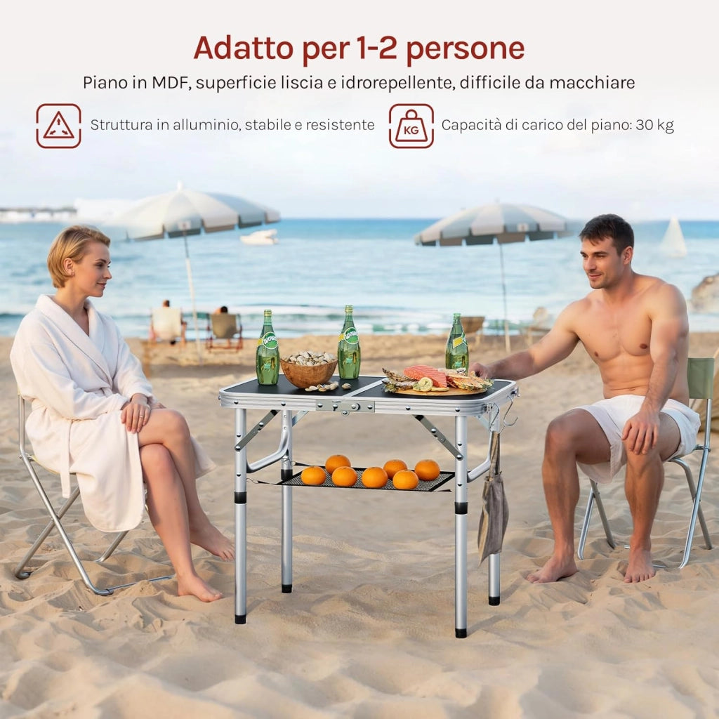 Tavolino Pieghevole Regolabile in Altezza 25/36/50/60 cm, Tavolo da Esterno con Ripiano in Rete Metallica, Piano in MDF 60x40 cm, Telaio in Metallo, per Campeggio, Barbecue, Giardino,Nero
