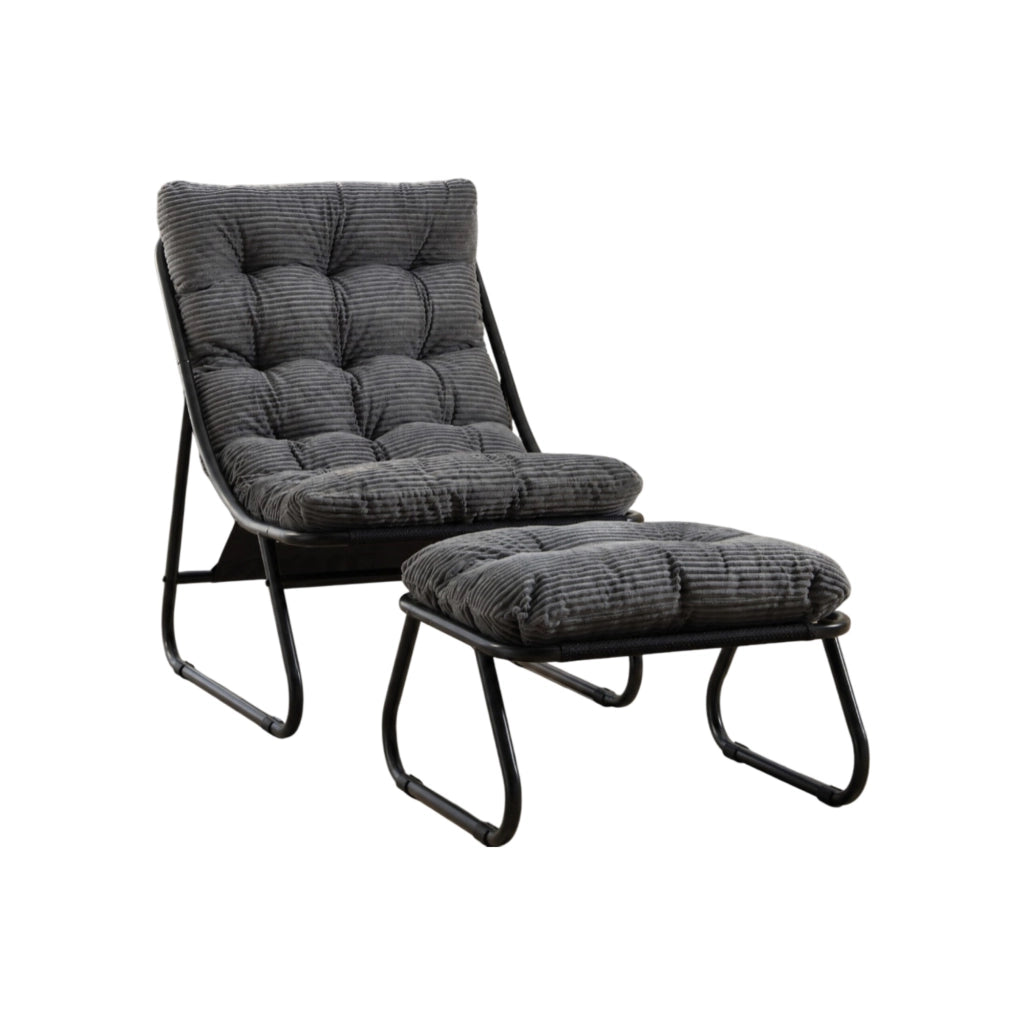 Chaise longue da esterno con poggiapiedi e cuscino imbottito; schienale reclinabile in acciaio grigio
