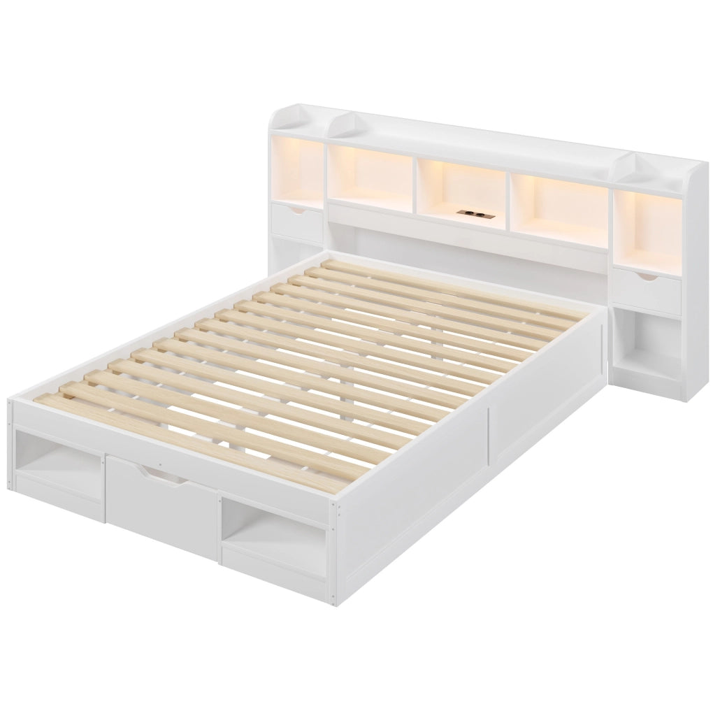 Letto piattaforma 140x200 cm con LED, USB e 3 cassetti in MDF e compensato bianco