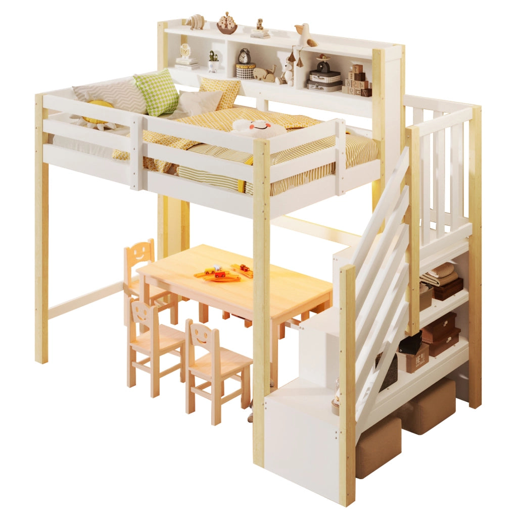Letto a soppalco 90x200 cm con LED, scala contenitiva e vani aperti