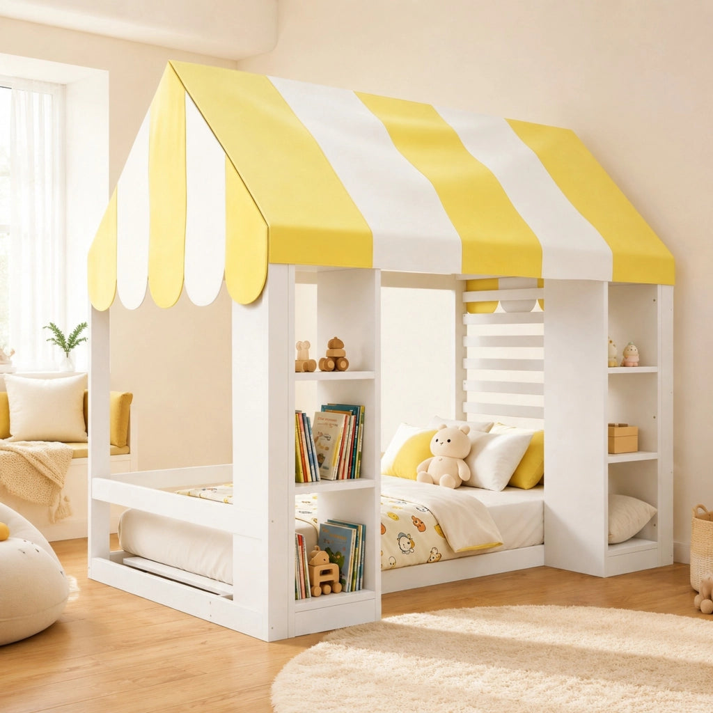Letto per bambini singolo 1 posto con baldacchino; 2 vani aperti; in legno; bianco; 90 × 200 cm; senza materasso